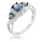 1.43 CT RHODIUM & HEMATITE MYSTIC & CLEAR CZ THREE STONE TWISTED SHANK RING