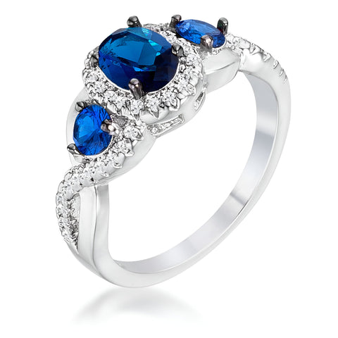 1.43 CT RHODIUM & HEMATITE SAPPHIRE BLUE & CLEAR CZ THREE STONE TWISTED RING