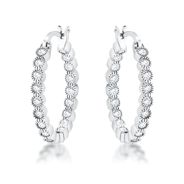 RHODIUM DOTTED CLEAR CZ ROUND BEZEL HOOP EARRINGS