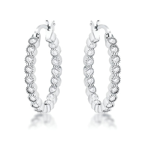 RHODIUM DOTTED CLEAR CZ ROUND BEZEL HOOP EARRINGS