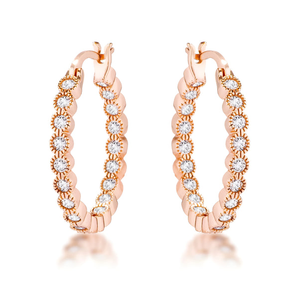 ROSE GOLD DOTTED CLEAR CZ ROUND BEZEL HOOP EARRINGS