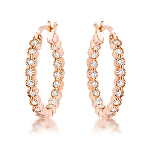 ROSE GOLD DOTTED CLEAR CZ ROUND BEZEL HOOP EARRINGS