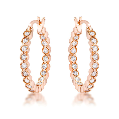 ROSE GOLD DOTTED CLEAR CZ ROUND BEZEL HOOP EARRINGS