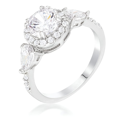 RHODIUM 3-STONE CLEAR CZ ROUND HALO PEAR ENGAGEMENT RING - PIERGIORGIO CERRONI