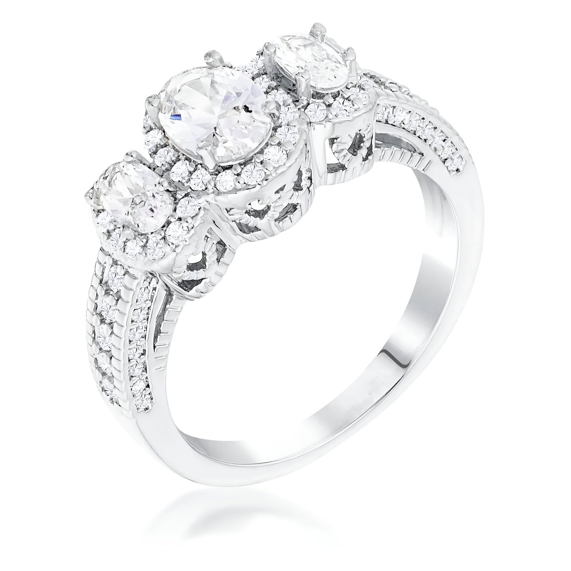 RHODIUM 3-STONE CLEAR OVAL CUT CZ HALO RING - PIERGIORGIO CERRONI