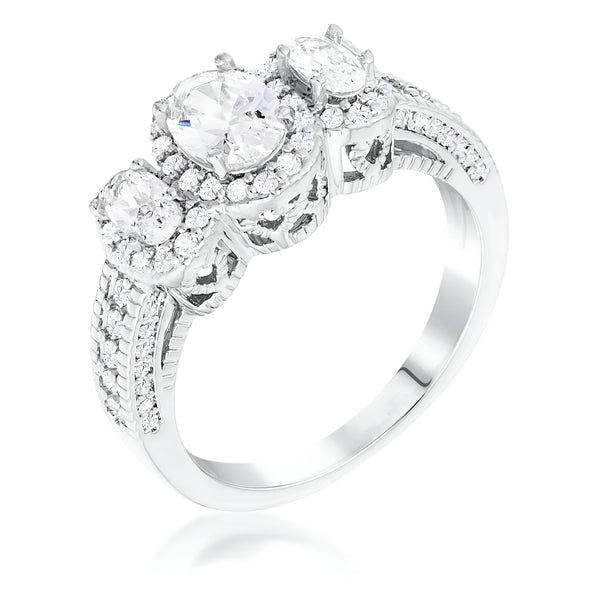 RHODIUM 3-STONE CLEAR OVAL CUT CZ HALO RING - PIERGIORGIO CERRONI