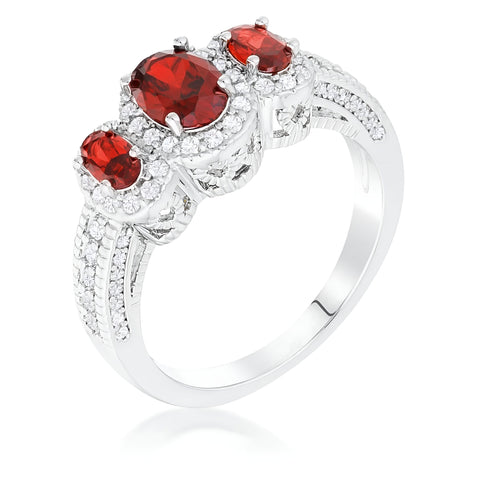 RHODIUM 3-STONE GARNET OVAL CUT CZ HALO RING - PIERGIORGIO CERRONI