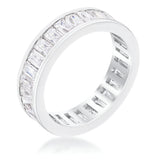 RHODIUM BAGUETTE EMERALD CUT ETERNITY RING