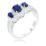 RHODIUM 3-STONE SAPPHIRE BLUE OVAL CUT CZ HALO RING