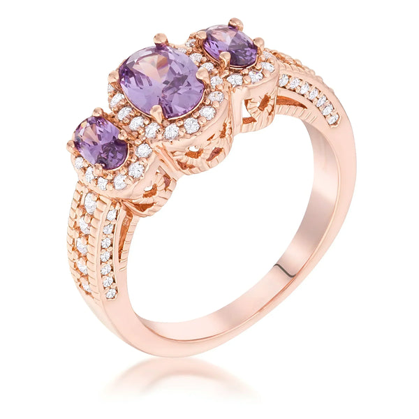 ROSE GOLD 3-STONE AMETHYST OVAL CUT CZ HALO RING - PIERGIORGIO CERRONI