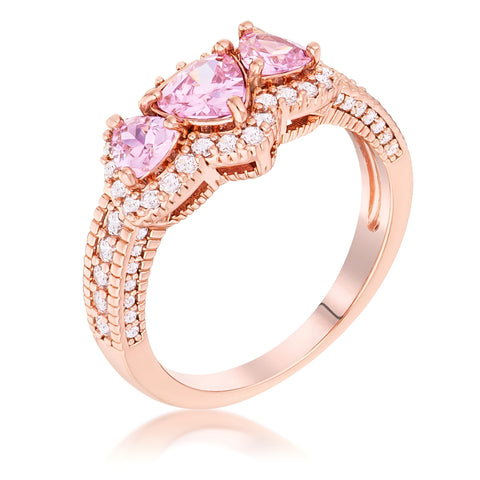 ROSE GOLD 3-STONE TRILLION CUT PINK CZ HALO PAVE RING