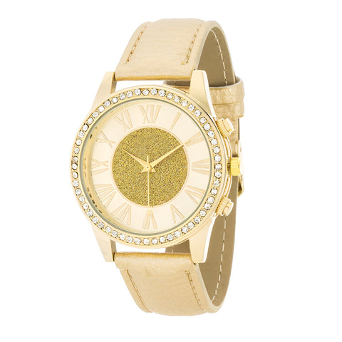 SHIRA CRYSTAL LEATHER WATCH WITH GOLD LEATHER STRAP