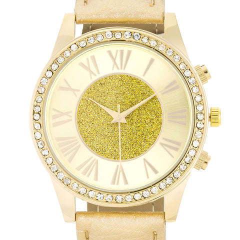 SHIRA CRYSTAL LEATHER WATCH WITH GOLD LEATHER STRAP