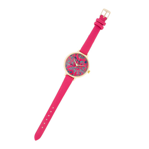 GOLD WATCH WITH FLORAL PRINT DIAL AND PINK STRAP - PIERGIORGIO CERRONI