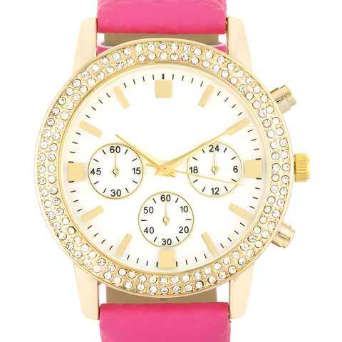 GOLD SHELL PEARL WATCH WITH CRYSTALS - PINK