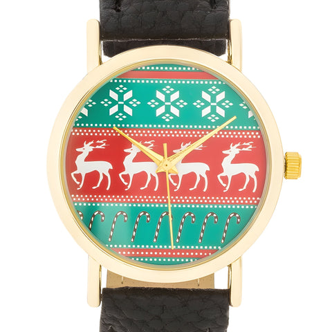 GOLD HOLIDAY WATCH WITH BLACK LEATHER STRAP