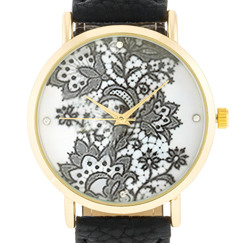 GOLD WATCH WITH FLORAL PRINT DIAL - BLACK