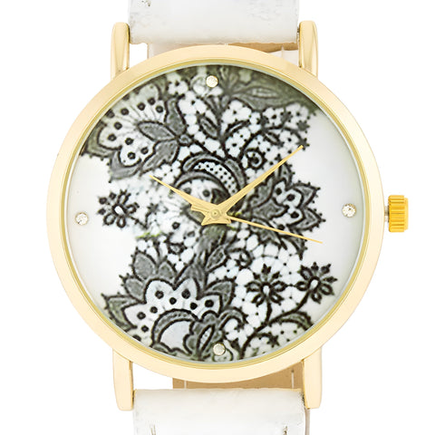 GOLD WATCH WITH FLORAL PRINT DIAL - WHITE