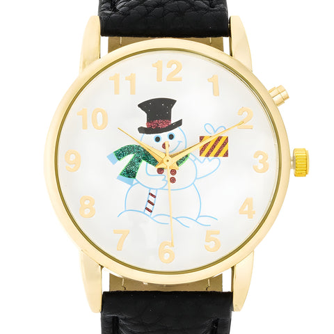 GOLD HOLIDAY TUNE WATCH WITH BLACK LEATHER STRAP