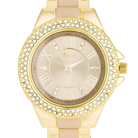 GOLD CUFF WATCH WITH CRYSTALS - BEIGE