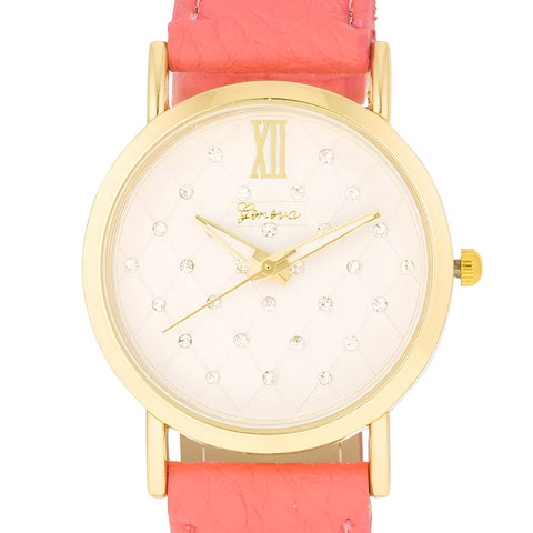 GOLD CORAL LEATHER WATCH WITH GEMS