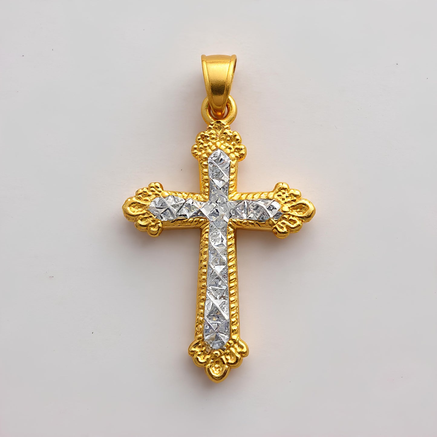 TWO TONE DIAMOND CUT CROSS PENDANT IN GOLD