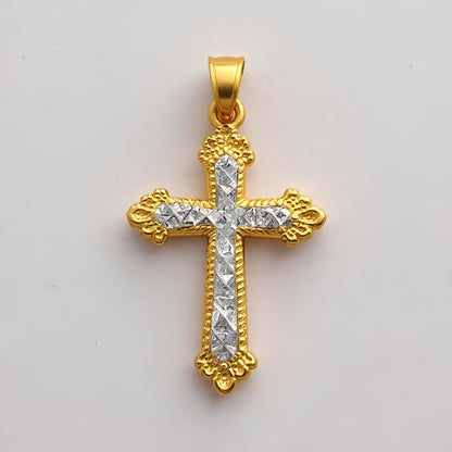 TWO TONE DIAMOND CUT CROSS PENDANT IN GOLD