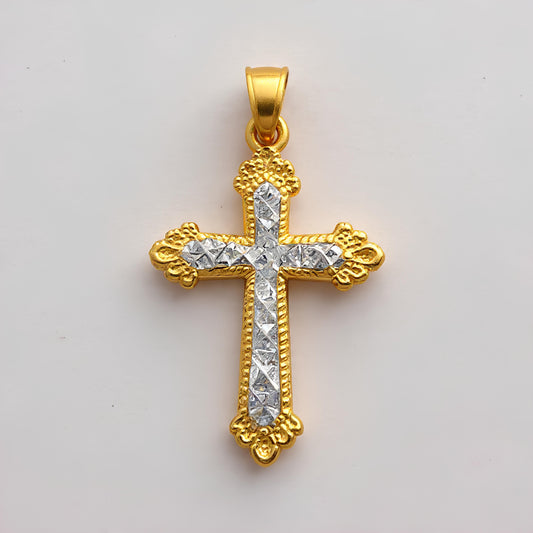 TWO TONE DIAMOND CUT CROSS PENDANT IN GOLD