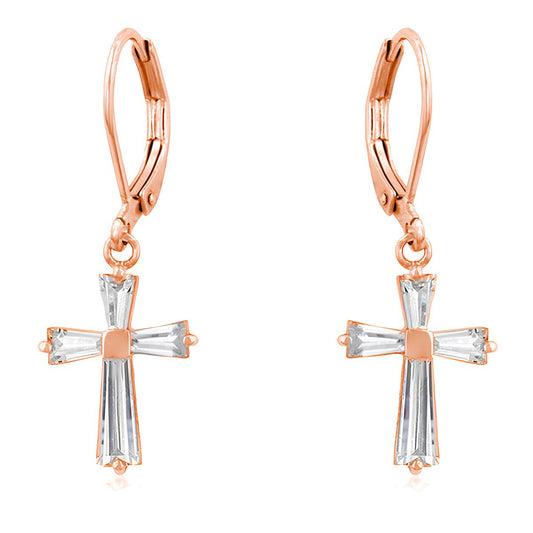 ROSE GOLD CZ CROSS DROP EARRINGS