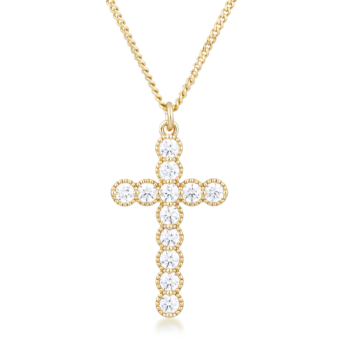 MICRO BEADED 18K GOLD CLEAR CZ CROSS PENDANT