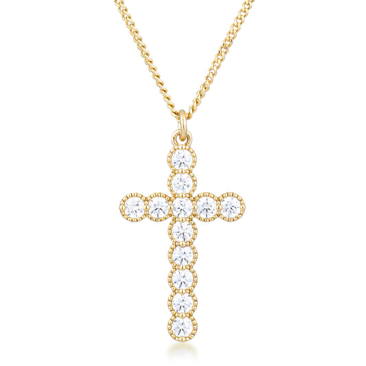 MICRO BEADED 18K GOLD CLEAR CZ CROSS PENDANT