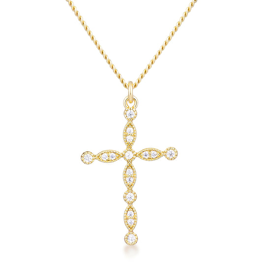 DELICATE VINTAGE GOLD CLEAR CZ CROSS PENDANT