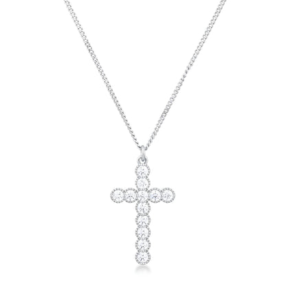 MICRO BEADED RHODIUM CLEAR CZ CROSS PENDANT