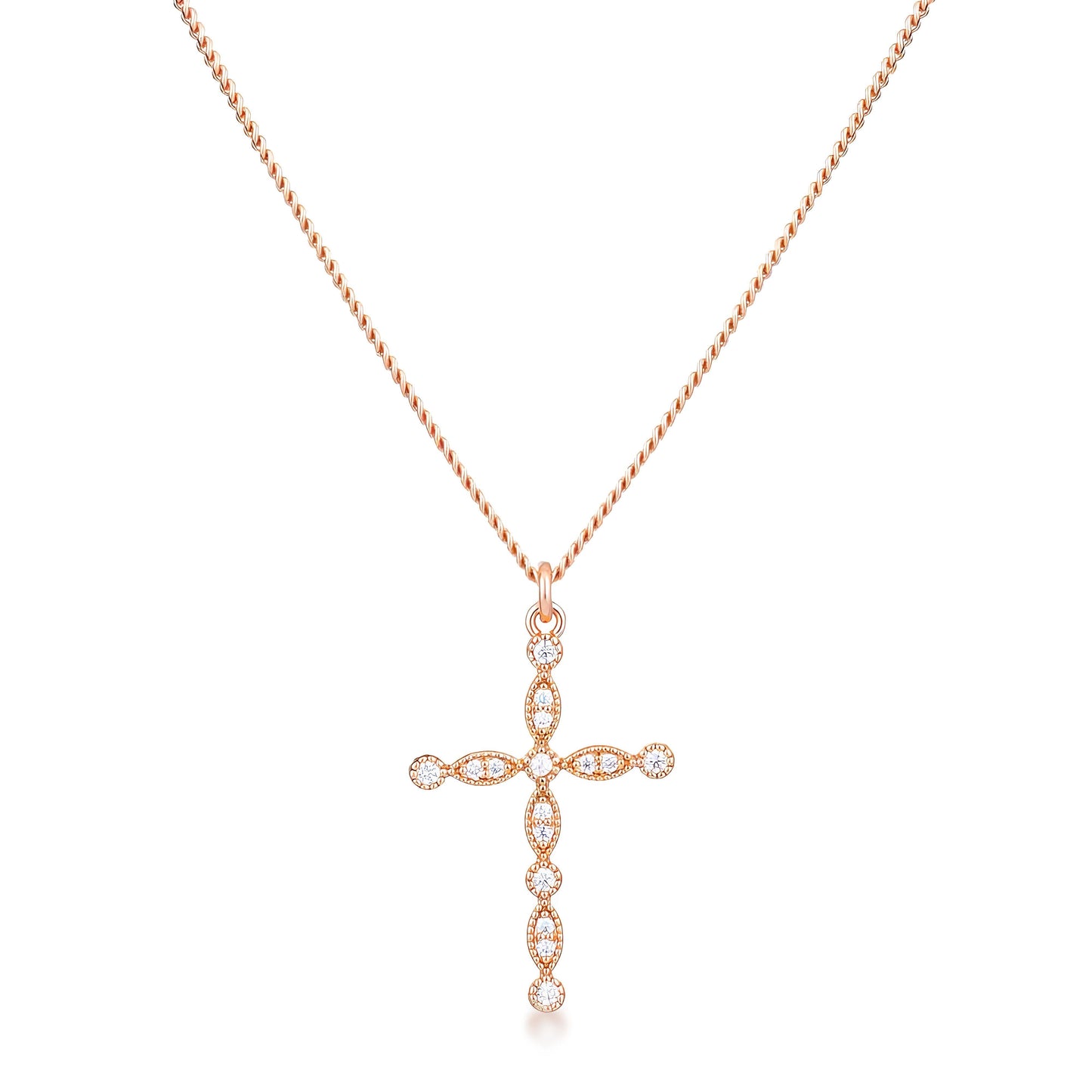 DELICATE VINTAGE ROSE GOLD CLEAR CZ CROSS PENDANT