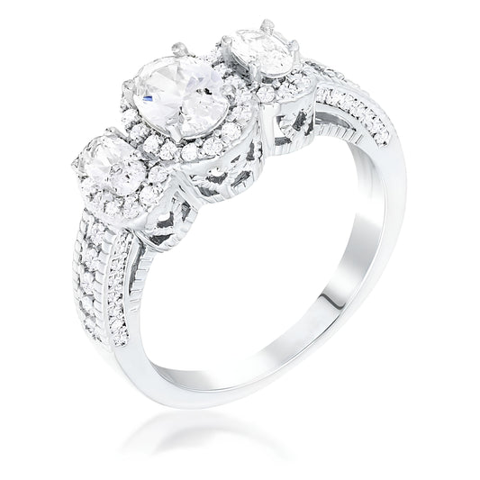 RHODIUM 3-STONE CLEAR OVAL CUT CZ HALO RING