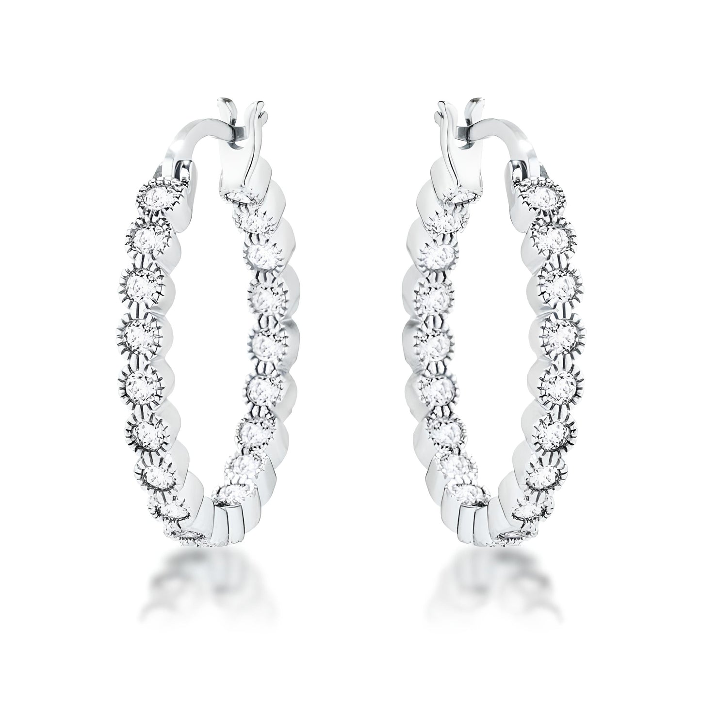 RHODIUM DOTTED CLEAR CZ ROUND BEZEL HOOP EARRINGS