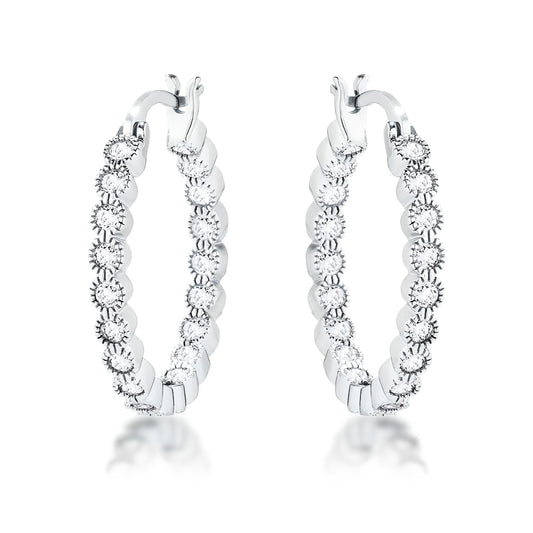 RHODIUM DOTTED CLEAR CZ ROUND BEZEL HOOP EARRINGS