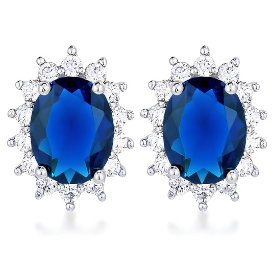 RHODIUM SAPPHIRE BLUE PETITE ROYAL OVAL EARRINGS