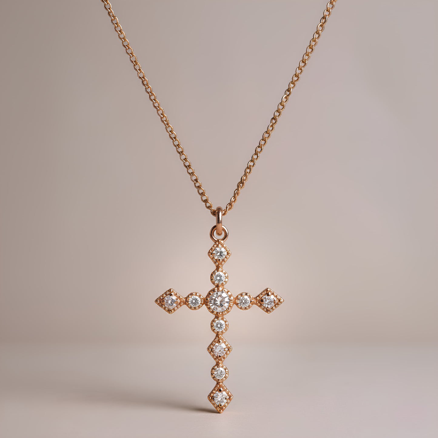 DAINTY ART DECO ROSE GOLD CLEAR CZ CROSS PENDANT