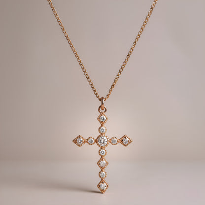 DAINTY ART DECO ROSE GOLD CLEAR CZ CROSS PENDANT