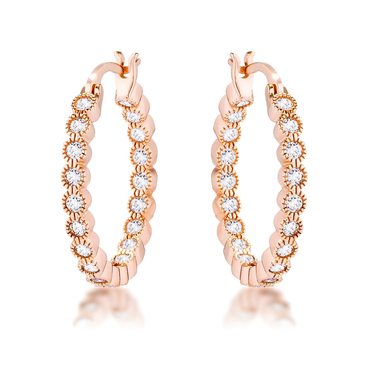 ROSE GOLD DOTTED CLEAR CZ ROUND BEZEL HOOP EARRINGS
