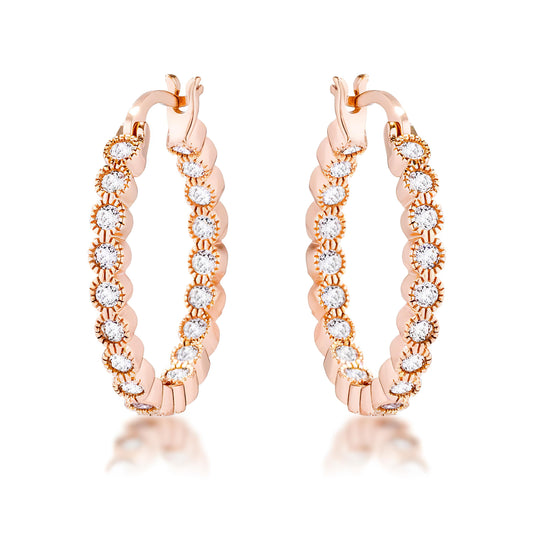 ROSE GOLD DOTTED CLEAR CZ ROUND BEZEL HOOP EARRINGS
