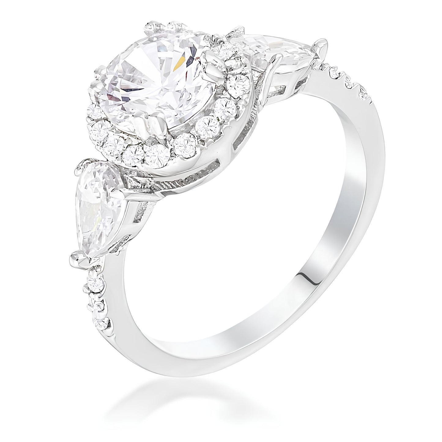 RHODIUM 3-STONE CLEAR CZ ROUND HALO PEAR ENGAGEMENT RING