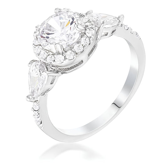 RHODIUM 3-STONE CLEAR CZ ROUND HALO PEAR ENGAGEMENT RING