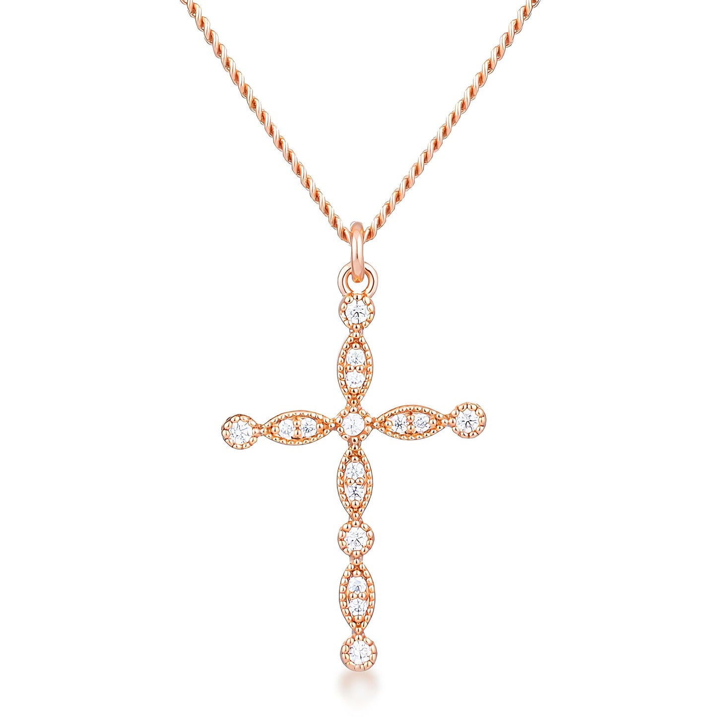 DELICATE VINTAGE ROSE GOLD CLEAR CZ CROSS PENDANT