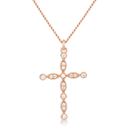 DELICATE VINTAGE ROSE GOLD CLEAR CZ CROSS PENDANT