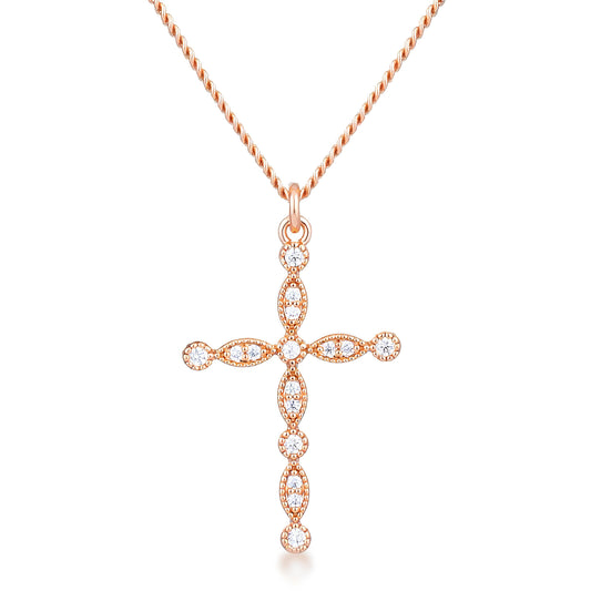 DELICATE VINTAGE ROSE GOLD CLEAR CZ CROSS PENDANT