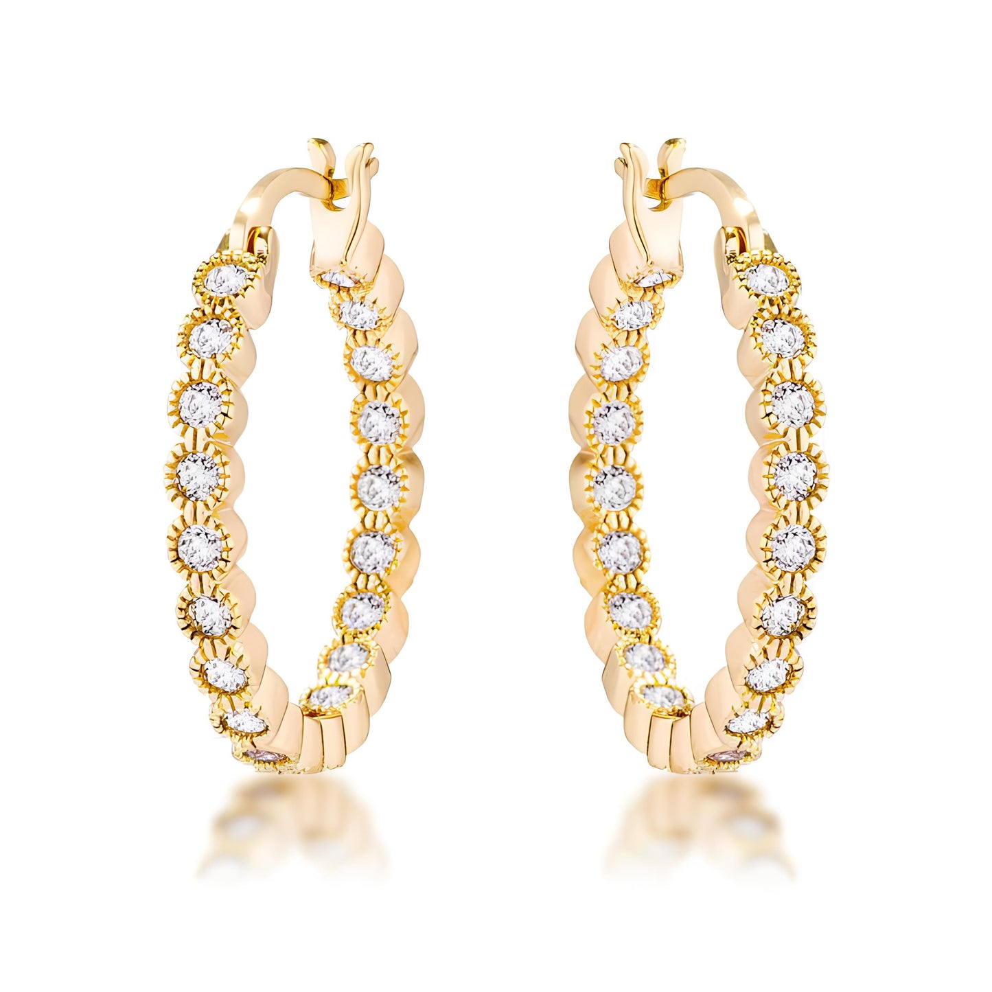 GOLD DOTTED CLEAR CZ ROUND BEZEL HOOP EARRINGS
