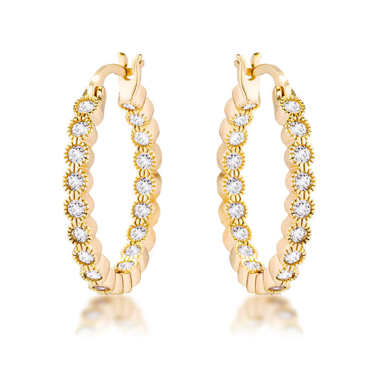 GOLD DOTTED CLEAR CZ ROUND BEZEL HOOP EARRINGS