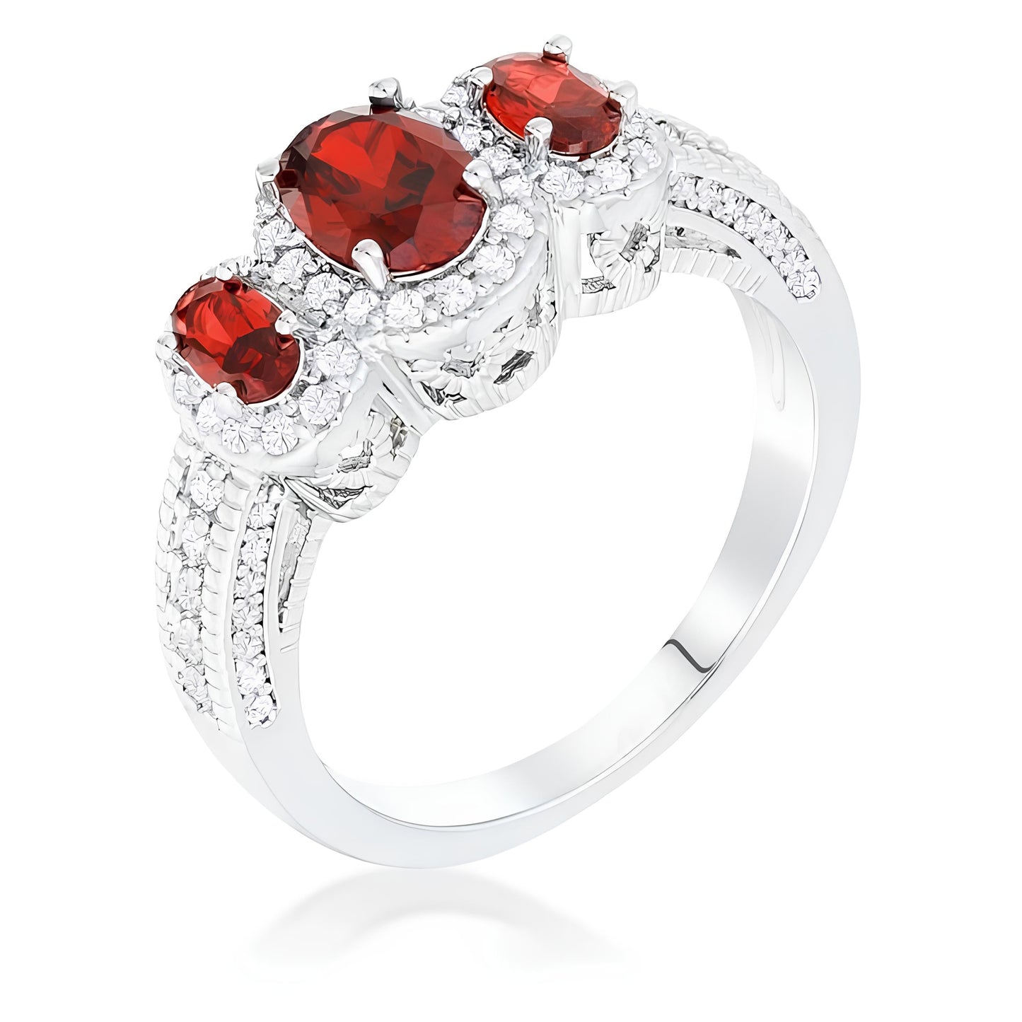 RHODIUM 3-STONE GARNET OVAL CUT CZ HALO RING